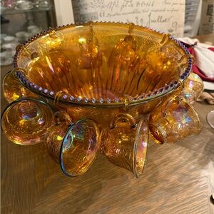 Vintage Indiana Amber Iridescent Carnival Glass Punch Bowl & 12 Cups Set